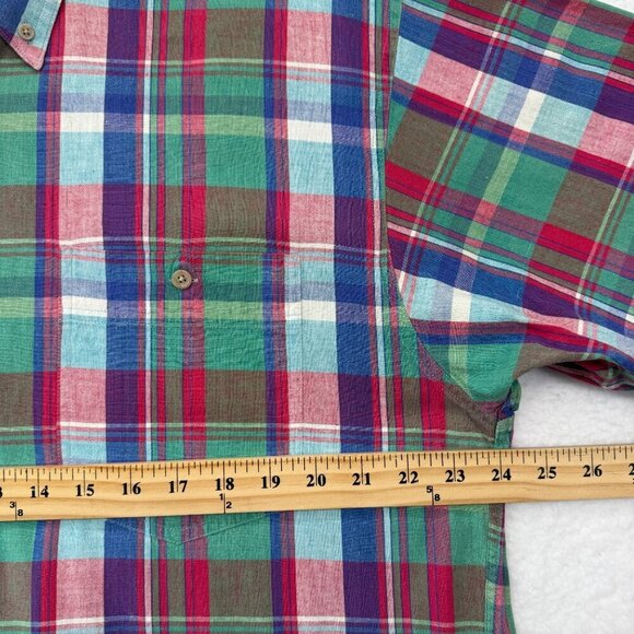 VTG 1980s Eddie Bauer Superior Madras Plaid Button Up Shirt SS Mens XL Preppy - Picture 9 of 13